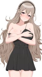 1girls absurdres bare_shoulders blush breasts brown_hair camisole cleavage corrin_(fire_emblem) corrin_(fire_emblem)_(female) covering_breast covering_breasts eyebrow_through_hair eyelashes female female_only fire_emblem fire_emblem_fates grey_eyes headband highres large_breasts lingerie long_hair looking_at_viewer nintendo off_shoulder patty_ojisan pointy_ears simple_background smile solo spaghetti_strap thigh_gap thighs underwear very_long_hair white_background