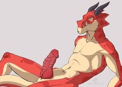 1boy anthro anus armor black_horn brawlhalla clothing dragon horn knot loincloth looking_at_viewer lying male male_only nude penis ragnir_(brawlhalla) red_scales repzzmonster ribbed_penis scales simple_background slim solo teeth