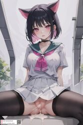 after_sex after_vaginal ai_generated animal_ears black_choker black_hair black_thighhighs blush breasts cat_ears censored choker collarbone colored_inner_hair cum cum_in_pussy cum_pool cumdrip dmk_meow extra_ears fanbox_username female green_sailor_collar hair_ornament hairclip halo kazusa_(blue_archive) large_breasts looking_at_viewer mosaic_censoring multicolored_hair neckerchief no_panties open_mouth patreon_username pendant_choker pink_eyes pink_hair pink_halo pink_neckerchief pleated_skirt pussy sailor_collar school_uniform serafuku shirt short_hair short_sleeves sitting skirt solo spread_legs thighhighs thighs two-tone_hair white_serafuku white_shirt white_skirt