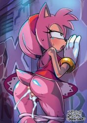 1girls alley amy_rose anus ass bottomless cum_in_ass cum_in_pussy dress leaking_cum looking_at_viewer no_panties partially_clothed pink_fur pink_hair pussy small_breasts sonic_(series) sweat tojyo upskirt