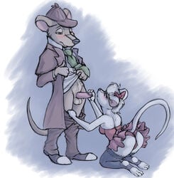 anthro balls basil blush clothed clothing disney erection female furry handjob male mammal miss_kitty_mouse mouse pants_down partially_clothed penis rodent s1m sex simple_background standing straight testicles the_great_mouse_detective