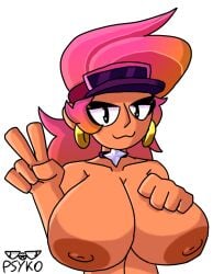 1girls 2024 :3 amber_(brawl_stars) areolae artist_name artist_signature bouble_trouble_amber_(brawl_stars) brawl_stars breasts breasts_bigger_than_head dark-skinned_female dark_areola dark_nipples earrings female female_focus female_only gradient_hair hand_on_breast large_breasts long_hair necklace nipples nude_female orange_hair peace_sign pink_hair psyko star_necklace supercell