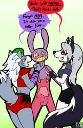 2d 2d_(artwork) 2d_artwork absurd_res anthro biped blush bulge canid canid_demon canine canis clothing collar color colored cuffs_(clothing) demon detailed_bulge english english_text erection female female_anthro fighting_over_boy finger_on_chin five_nights_at_freddy's five_nights_at_freddy's:_security_breach fnaf furaffinity furry furry_only genital_outline glitch_productions gradient_background group hellhound helluva_boss hi_res immelmann jax_(tadc) jax_(the_amazing_digital_circus) lagomorph leporid loona_(helluva_boss) male male/female mammal mythological_canine mythological_creature mythology overalls penis_outline purple_body rabbit red_sclera roxanne_wolf_(fnaf) scottgames speech_bubble speech_bubbles steel_wool_studios teasing text the_amazing_digital_circus trio wolf yellow_eyes