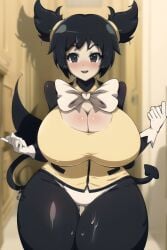ai_clothes ai_generated artificial_intelligence bendy bendy_and_the_ink_machine bendy_the_dancing_demon big_breasts black_eyes black_eyes_female black_hair blurry_background bowtie breasts clothed clothed_female demon female fingers five_nights_in_anime fnia genderswap genderswap_(mtf) gloves hands joey_drew_studios nipples_visible_through_clothing posing resized smug_face standing sweating tail thick_female thick_thighs white_bowtie white_gloves
