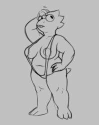 1girls 2d alphys anthro anthro_female anthro_only areola_slip bikini breasts chubby female female_only humanoid humanoid_female humanoid_only kabrro lizard lizard_girl lizard_humanoid monster reptile reptile_humanoid sketch skimpy sling_bikini solo undertale undertale_(series)