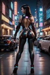 ai_generated bodysuit cosplay cyberpunk_background eve_(stellar_blade) female final_fantasy_vii from_behind full_body public revealing_clothes sideless_outfit stellar_blade street tifa_lockhart zipper