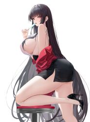 1girls absurdres alvitr_(azur_lane) alvitr_(muspel&#039;s_torrid_secrets)_(azur_lane) azur_lane backless_shirt bare_shoulders black_footwear black_hair black_skirt breasts dido_(magicc) female food from_side high_heels highres holding holding_food holding_popsicle iron_blood_(azur_lane) jacket large_breasts light-skinned_female light_skin long_hair looking_at_viewer nipples_visible_through_clothing off_shoulder official_alternate_costume pencil_skirt popsicle red_eyes red_jacket rimless_eyewear round_eyewear shirt sideboob sideless_shirt simple_background skirt solo thick_thighs thighs tongue tongue_out underbutt very_long_hair white_background white_shirt