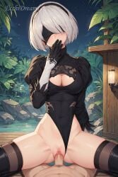 1boy 1girls ai_generated black_dress black_legwear black_thighhighs blindfold boots cleavage covered_navel covering_mouth cowgirl_position dress ecchidreams embarrassed feathers gloves headband hi_res high_heel_boots large_breasts legwear leotard leotard_aside long_boots long_sleeves nier nier:_automata nier_(series) penis pussy riding riding_penis sex short_hair stable_diffusion straight straight thighhighs vaginal_penetration vaginal_penetration white_hair yorha_2b