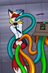 amputee anthro armless blonde_hair bottomless canine clothed clothing cuntboy fox fur hair intersex jasentamiia legless mammal penetration pussy quadruple_amputee red_fur simple_background solo tentacle vaginal_penetration vaginal_penetration white_fur