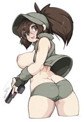 1girls big_ass big_breasts brown_eyes brown_hair female female_only fio_germi gun long_hair looking_at_viewer looking_back metal_slug nipples ponytail slugbox smile solo solo_female solo_focus thick_thighs