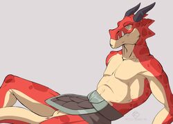 1boy anthro anus armor black_horn brawlhalla clothing dragon horn loincloth looking_at_viewer lying male male_only ragnir_(brawlhalla) red_scales repzzmonster scales simple_background slim slit solo teeth