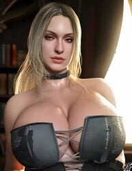 3d 3d_(artwork) big_breasts blonde_female blonde_hair blonde_hair_female busty capcom close-up curvy demon_hunter devil_may_cry glossy_lips huge_breasts large_breasts leather_clothing pink_lipstick rude_frog trish_(devil_may_cry) white_skin