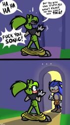 1boy 1girls anthro anthro_only ass blushing embarrassed english english_text female flashing hedgehog looking_at_genitalia looking_at_pussy nude pants_down sonic_(series) sonic_the_hedgehog surge_the_tenrec tagme taunting text theenfman