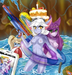 2017 4_fingers :| apple ball beach_ball big_ears blonde_hair blue_skin blush breasts burning_candle cake candle cellphone eyewear female fingers fire food fruit fur goggles green_eyes group highres holding_object holding_weapon humanoid league_of_legends looking_at_viewer lulu_the_fae_sorceress mammal melon navel nipple_bulge nipples nude phone pool_tube poppy purple_hair purple_skin pussy riot_games short_hair shortstack simple_background smile snorkel strawberry teemo tristana underwater water water_gun watermelon weapon wet white_candle white_hair yellow_eyes yordle 傲嬌病魔兔