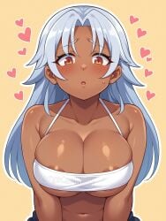 ai_generated areola areola_slip areolae barely_clothed big_breasts blush blush_lines blushing_at_viewer breasts cleavage cute dark-skinned_female dark_skin heart jorgecarlosai long_hair midriff navel open_mouth orange_background orange_eyes outline pressing_breasts pressing_breasts_together shy shy_expression silver_hair simple_background underboob watermark