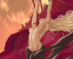 1girls armpits big_breasts blonde_hair breasts breasts_out canonical_scene closed_eyes elden_ring female female_only fromsoftware gate_of_divinity marceline2174 milf navel nipples nude queen_marika_the_eternal shadow_of_the_erdtree solo