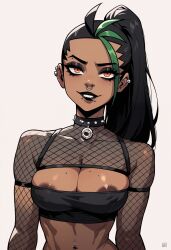 1girls ai_generated black_lipstick dark-skinned_female dark_skin fishnets goth goth_girl lipstick nemona_(pokemon) piercing pokemon pokemon_sv skimpy solo solo_female tagme upper_body userisbad