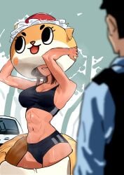 1boy 1girls abs athletic athletic_female chiitan color dingotoad faceless_character funny humor mascot mascot_costume outdoors outside police police_officer police_uniform sports_bra steam steaming_body sweat sweatdrop tomboy undressing