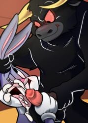 4_fingers anthro anthro_on_anthro balls big_penis black_balls black_eyes black_penis blush bodily_fluids bovid bovine buckteeth bugs_bunny cattle clothing cum cum_from_mouth cum_in_mouth cum_inside cum_on_arm cum_on_eye cum_on_face cum_on_tongue cum_string duo ear_grab ear_pull erection fingers fur genital_fluids genitals glans gloves gloves_only grey_body grey_fur hairlessboyblunder handwear handwear_only hi_res holding_penis horn interspecies lagomorph leporid looking_at_another looking_down looking_up looney_tunes male male/male mammal mostly_nude penis penis_grab pink_glans pink_inner_ear pink_nose pink_penis pink_sclera rabbit smile smirk teeth tongue tongue_out toro_the_bull warner_brothers white_body white_clothing white_fur white_gloves white_handwear yellow_horn