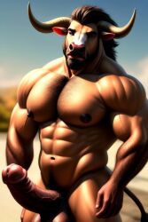 ai_generated anthro bara barazoku beard big_balls big_muscles big_nipples big_penis bovid chest_hair equid equine erection facial_hair flared_penis horns large_penis male male_only minostical_(artist) minotaur muscular muscular_male naked penis pubic_hair solo_male vein veiny_penis