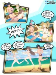 &gt;_&lt; 1boy 2girls 3koma alternate_costume applying_sunscreen ass assisted_exposure bare_arms bare_legs beach beach_chair big_ass bikini blonde_hair blue_eyes blue_hair blush breast_press breasts brown_eyes brown_hair chasing chaur chrom_(fire_emblem) comic embarrassed english_text feather_hair_ornament feathers fefreak726 female female_pervert fire_emblem fire_emblem_awakening hair_ornament humiliation kneeling legs lissa_(fire_emblem) long_hair lotion male male_swimwear medium_breasts medium_hair multiple_girls nintendo ocean on_stomach on_towel open_mouth outdoors parasol pervert pillow pink_bikini pink_swimsuit running shocked short_hair small_breasts smile stealing stealing_clothes sumia_(fire_emblem) sunscreen swim_trunks swimsuit text topless towel twintails very_long_hair white_bikini white_swimsuit wide_eyed yellow_bikini yellow_hair yellow_swimsuit