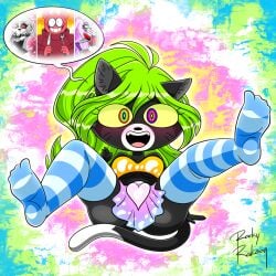 2d 2d_(artwork) 2d_artwork anthro black_cat bob_velseb brainrot catgirl clothing colorful_background cringe domestic_cat dress felid feline felis female five_nights_at_freddy's five_nights_at_freddy's:_security_breach flo_(rocky_rakoon) fnaf green_hair hypnosis legwear loona_(helluva_boss) mammal mind_control rocky_rakoon roxanne_wolf_(fnaf) scottgames solo steel_wool_studios stockings