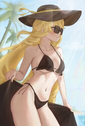 1girls 2d 2d_(artwork) alternate_costume artist_request beach belly_button bikini bikini_bottom bikini_top black_bikini black_bikini_bottom black_bikini_top black_bra black_thong blonde_hair blue_eyes blush bra clouds day female female_focus female_only front_view genshin_impact hat high_resolution highres light-skinned_female light_skin long_hair looking_away medium_breasts navel navia_(genshin_impact) ocean outdoors palm_tree sky slim_girl smiling solo solo_female solo_focus standing summer sun_rays sunglasses swimsuit thong thong_bikini tinted_eyewear two_piece_swimsuit very_long_hair water young younger_female