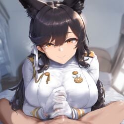 1boy 1girls ai_generated animal_ear_fluff animal_ears atago_(azur_lane) azur_lane bangs bed bedroom between_thighs big_breasts gloved_handjob handjob jaygoats laying_on_bed looking_at_viewer mature_female milf smile two_hands_handjob