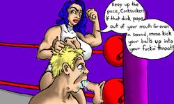 ballbusting beaten breasts clevsketch defeat defeated dialogue dildo domination fellatio female femdom fight humiliation male mount oral pose ring sketch suck text trash_talk victory wrestling