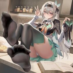 ass blush book cameltoe closed_mouth coffee feet feet_up firefly_(honkai:_star_rail) foot_fetish honkai:_star_rail on_desk panties shoes_removed soles toast toes worried