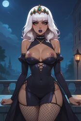 1girls ai_generated black_nails dress earrings exposed_breasts eyeshadow fishnets goth goth_girl hoop_earrings league_of_legends lipstick makeup nail_polish outdoors purple_eyeshadow purple_lipstick qiyana_yunalai riot_games skimpy slutty_outfit solo solo_female tagme userisbad white_hair