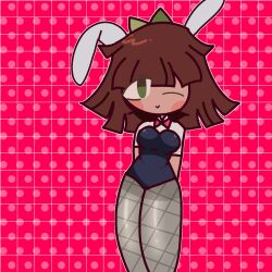 :&gt; bow bowtie breasts brown_hair bunny_ears bunny_girl bunnysuit claire_(fundamental_paper_education) female fishnet_pantyhose fundamental_paper_education green_eyes gummyxd machine_girl_(kaaatie) pantyhose pink_background playboy_bunny_costume rabbit_hole_(vocaloid) sexy short_hair suggestive_look wink