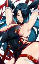 alternate_costume armpits azuma_fubuki blue_eyes blue_hair chinese_clothes chinese_dress curvaceous elbow_gloves hair_over_one_eye large_breasts mato_seihei_no_slave milf smiling_at_viewer thighs voluptuous yamada_otonari