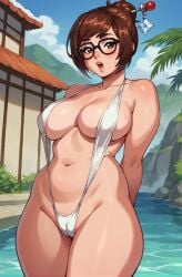 adult ai_generated arms_behind_back aroused bare_shoulders beach bikini blurry blurry_background blush breasts cameltoe clavicle cleavage covered_nipples day glasses large_breasts lips looking_at_viewer mei_(overwatch) navel one-piece_swimsuit open_mouth outdoors overwatch pussy_juice red-framed_eyewear slingshot_swimsuit solo standing sweat swimsuit thick_tighs thighs wet white_bikini white_one-piece_swimsuit white_swimsuit wide_hips