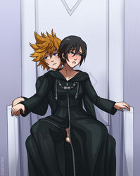 1boy balls black_coat black_hair blonde_hair blush boots breasts clothed clothed_sex clothing coat cowgirl_position deareditor female front_view gloves kingdom_hearts nobody_(kingdom_hearts) organization_xiii outerwear partially_clothed penetration penis penis_out pussy reverse_cowgirl_position roxas sex short_hair sitting sitting_on_person stealth_sex straight tagme throne vaginal_penetration xion