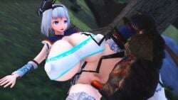 1girls 1monster 3d anastasia123mmd big_breasts big_fly big_nipples breasts insects interspecies large_breasts monster_hunter mosaic_censoring nipple_bulge no_panties puffy_nipples short_hair touhou white_hair youmu_konpaku zoophilia