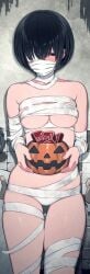 black_hair halloween_costume kemuri_haku large_breasts mask mummy mummy_costume revealing_clothes short_hair