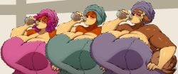 3girls anthro blonde_hair closed_eyes daughter dog_girl dog_tail drinking eyeshadow gilf gloria_(superix) grandmother hand_on_hip huge_breasts large_breasts mama_maria mature_female milf mother pink_hair superia_(superix) superix towel towel_on_head towel_over_breasts two_tone_body two_tone_fur two_tone_skin