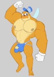 anthro balls bara bee big_bulge bulge cuphead_(game) flaccid flexing furry gloves hat insect_wings jockstrap male male_only muscles muscular penis security_bee solo solo_male unrealrui wings