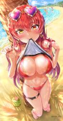 1girls 2d 2d_(artwork) alternate_costume artist_request beach belly_button big_breasts blush bra clouds day female female_focus female_only front_view full_body heterochromia hololive hourglass_figure houshou_marine light-skinned_female light_skin long_hair looking_at_viewer navel ocean official_alternate_costume palm_tree red_bikini red_bikini_bottom red_bikini_top red_eye red_hair red_swimsuit sand sky slim_girl solo solo_female solo_focus standing summer sunglasses sunglasses_on_head swimsuit thong thong_bikini two_piece_swimsuit virtual_youtuber vtuber vtuberfanart yellow_eye young younger_female