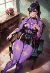 ai_generated big_breasts breasts cameltoe demonsummonerai full_body fully_clothed hand_on_chest lipstick punchline_(dc) purple_tights ripped_clothing sitting sitting_on_chair skirt smiling_at_viewer thiccwithaq_(ai_style) thick_thighs tights wide_hips