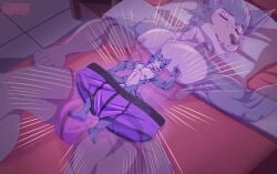 absurd_res anthro beastars bed bottomwear briefs canid canine canis clothing daru_brek fur furniture grey_body grey_fur hi_res legoshi_(beastars) male mammal shrinking shrinking_out_of_clothes size_transformation sleeping solo transformation unaware_transformation underwear