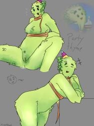 female fluffy green_body happy party_hat party_thyme_(pvz) plant_girl plants_vs_zombies plants_vs_zombies:_heroes presenting