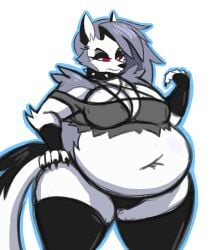 anthro belly big_belly big_breasts black_body black_bottomwear black_clothing black_collar bottomwear breasts canid canid_demon canine canis choker clothing collar crop_top demon female female/female fur grey_body grey_fur grey_hair hair hellhound helluva_boss hi_res huge_thighs jewelry legwear long_hair loona_(helluva_boss) mammal mizz-britt morbidly morbidly_obese morbidly_obese_female multicolored_body multicolored_fur mythological_canine mythological_creature mythology necklace obese obese_anthro obese_female overweight overweight_anthro overweight_female panties shirt solo thick_thighs thigh_highs topwear underwear white_body white_fur wolf