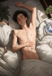 1boy 2024 ai_generated armpits arms_up avaru bed black_hair closed_eyes dark_hair freckles human human_only male male_focus male_only sheets skinny sleeping