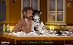 2019 anthro bathing bathroom bathtub beard breasts bubble candle chick_(gabrielofcreosha) digital_media_(artwork) duo facial_hair felid female hair human humanoid jasmine_miller kanutwolfen male mammal mirror nude pantherine romantic romantic_couple shampoo_bottle signature sink tail text tiger window