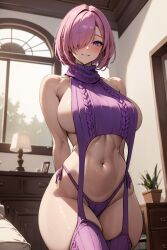 1girls ai_generated big_breasts breasts female flyingpancake large_breasts mash_kyrielight pink_hair purple_panties purple_sweater revealing_clothes sideboob solo sweater underboob virgin_killer_sweater