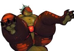 anthro anus ass belly big_butt bulge claws clothed clothing crocodilian digital_media_(artwork) grizz_(croc) grizzledcroc hi_res jockstrap jockstrap_only legs_up male multicolored_body navel nipples orange_body orange_scales overweight presenting presenting_hindquarters rear_view reptile scales scalie simple_background solo tail teeth thick_thighs topless two_tone_body underwear underwear_only