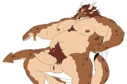 1boy 2017 anthro balls belly big_belly body_hair brown_hair brown_scales chair chest_hair dragon erection front_view hair happy_trail horn humanoid_penis male male_only manlyster navel nipples penis pubes scales simple_background sitting slightly_chubby solo white_background