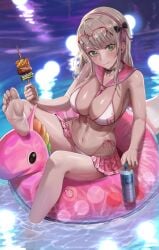 1girls alternate_breast_size barefoot bikini breasts feet female goddess_of_victory:_nikke green_eyes large_breasts light-skinned_female light_skin long_hair neon_(blue_ocean)_(nikke) neon_(nikke) silvertsuki soles white_hair